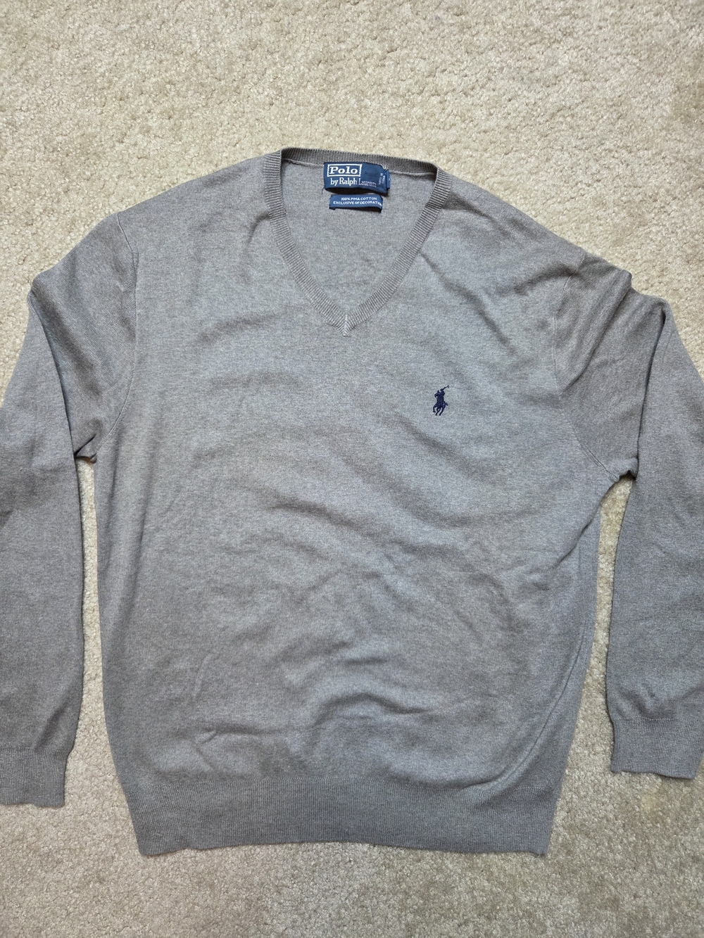 Polo Ralph Lauren Gray V-Neck Pima Cotton Sweater Size L